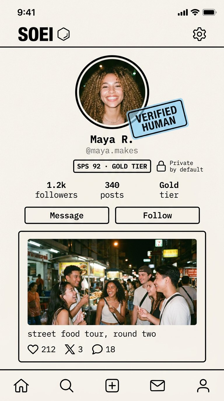 Placeholder app screen: a verified SOEI profile with SPS 92, Gold tier, and a VERIFIED HUMAN stamp.